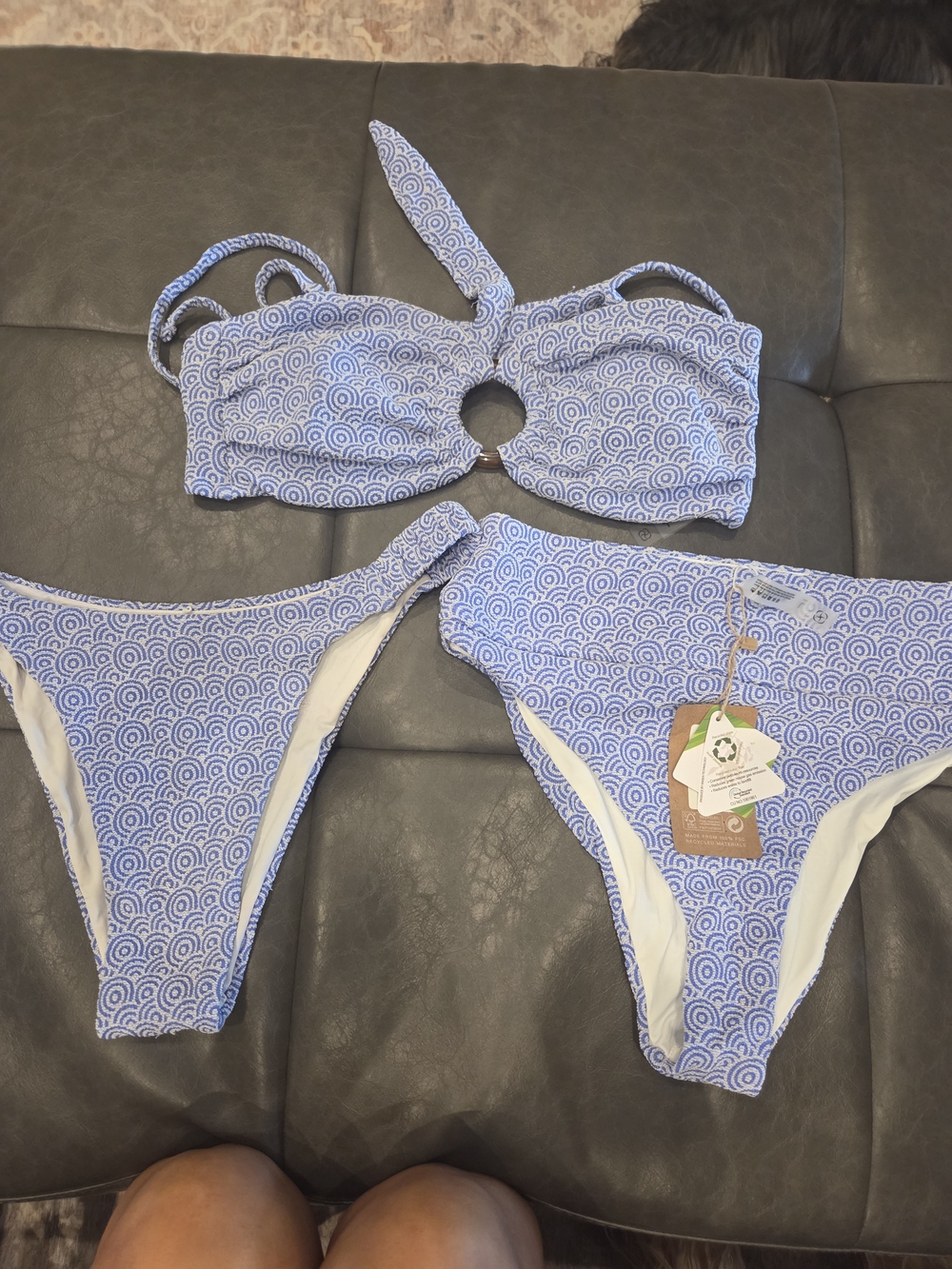 Women's Blue Patterned Cutout Bandeau Bikini Set